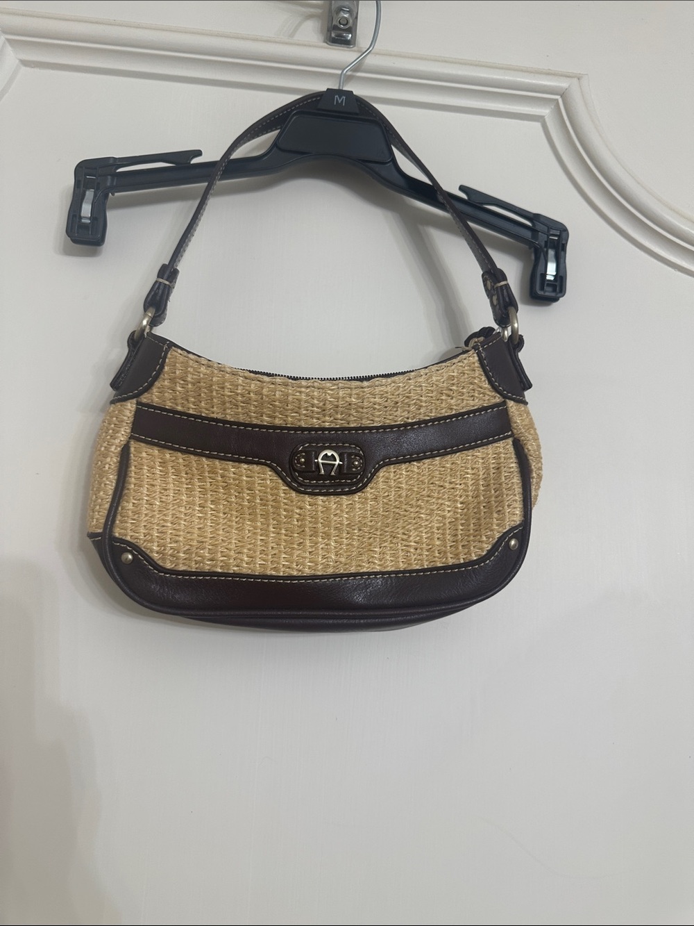 Etienne Aigner Tan Woven Shoulder Bag with Dark Brown Trim